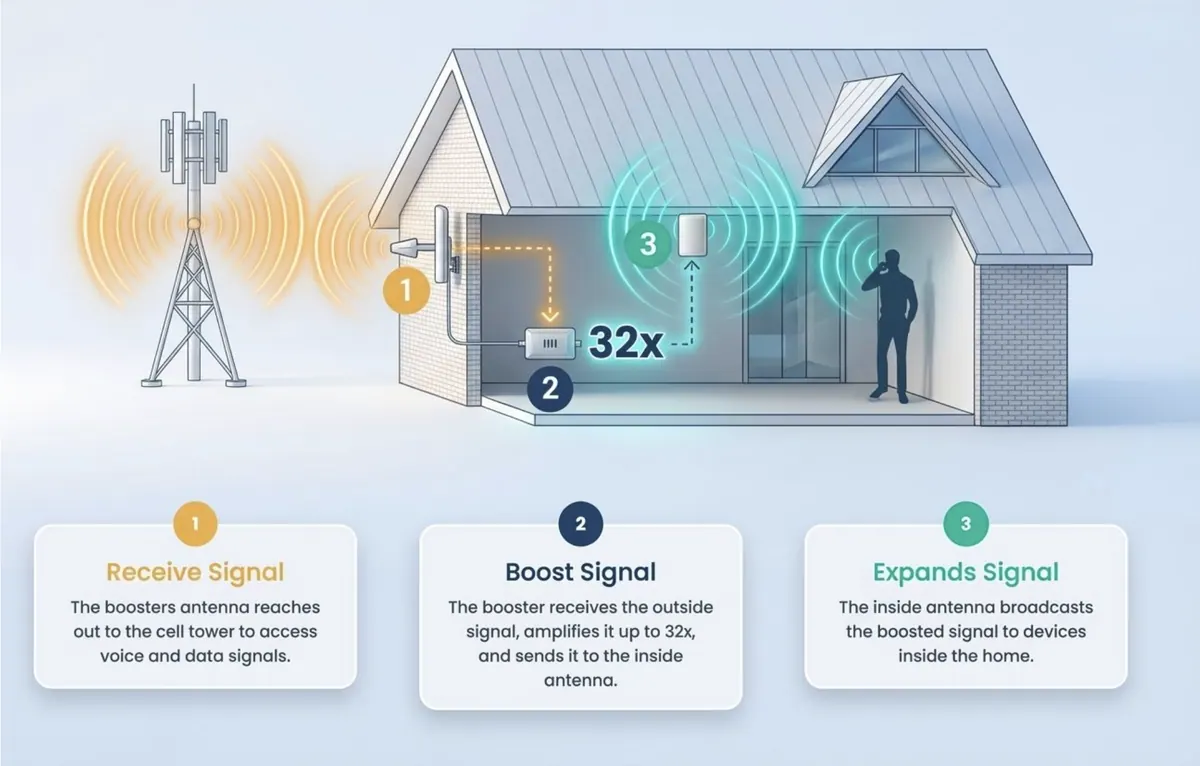 Mobile signal booster installation showing an outdoor antenna receiving signal, a booster amplifying it and an indoor antenna expanding coverage through a home.